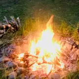 Płonące ognisko na działce, stos drewna obok. Czy można palić ognisko na działce? Zależy od przepisów.