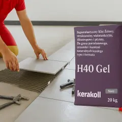 Układanie płytek 60x60 z klejem H40 Gel Kerakoll. Fachowiec precyzyjnie kładzie płytkę na zaprawie.