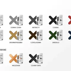 Paleta fug epoksydowych Jaka Fuga: biała, jasna szara, ciemna szara, antracyt, czarna, karmazyn, pudrowy róż, kremowa, beżowa, drewnopodobna, czekoladowa, emerald, kobalt, niebieska. Metalizowane: złota, srebrna, miedziana, czarny onyks.
