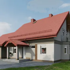 Nowy dom z ceglastym dachem i jasnoszarą elewacją, otoczony zielenią.
