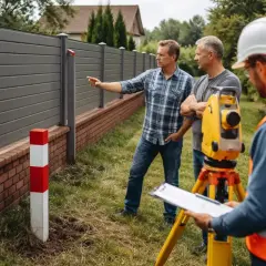 Geodeci ustalają, ile od granicy można postawić ogrodzenie, mierząc teren przy nowoczesnym płocie.