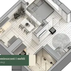 Rozkład pomieszczeń i mebli według ich funkcji, inspirowany 55 zasadami feng shui. Widok z góry na mieszkanie z kuchnią, jadalnią, salonem i sypialnią.