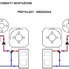Schemat pokazuje, jak ustawić zawór 3-drożny do mieszania w instalacji grzewczej.