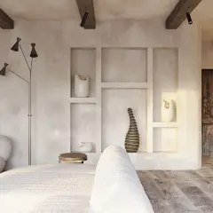 Wnętrze w stylu wabi sabi z drewnianymi belkami, tynkowanymi ścianami i rustykalnymi detalami.