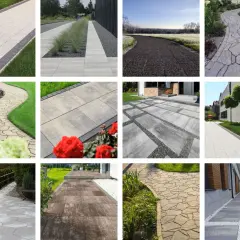 Inspiracje na betonowy chodnik zrób to sam: ścieżki ogrodowe, podjazdy, tarasy. Różne wzory i kolory kostki brukowej.