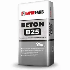 Worek suchej mieszanki betonowej B25 Imprefarb 25kg. Informacje o tym, ile cementu na m3 betonu B25, znajdziesz na opakowaniu.
