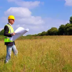 Inżynier w kasku i kamizelce odblaskowej analizuje plany na tle łąki, przygotowując się do badań geotechnicznych gruntu.