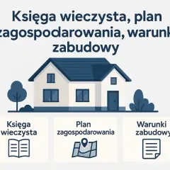 Ilustracja przedstawia dom z ikonami: księga wieczysta, plan zagospodarowania i przykładowe warunki zabudowy.