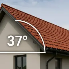 Jak obliczyć kąt nachylenia dachu? Na elewacji domu widoczny jest kąt 37 stopni, wskazujący na nachylenie czerwonego dachu.