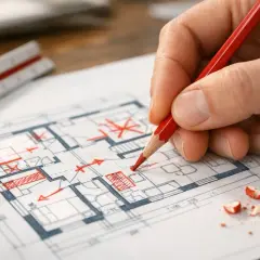 Rysunek planu domu z czerwonymi zaznaczeniami. Dłoń trzymająca ołówek, obok linijka i okruchy grafitu. To przykład, co to adaptacja projektu.