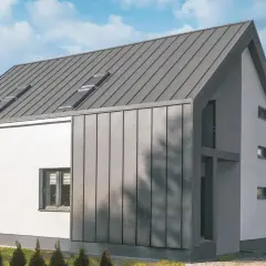 Nowoczesny dom z szarą, pionową elewacją z blachy na rąbek. Dach pokryty tym samym materiałem, z oknami połaciowymi.
