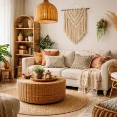 Styl boho co to znaczy? Przytulny salon z wiklinowymi meblami, mnóstwem roślin i makramą na ścianie.