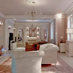 Elegancki salon w stylu glamour z kryształowymi żyrandolami, wygodnymi sofami i kominkiem.