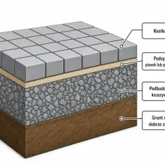 Warstwy pod kostkę brukową: podsypka z piasku z cementem, podbudowa z kruszywa. Suchy beton pod kostkę proporcje kluczowe dla trwałości.