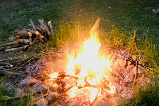 Płonące ognisko na działce, stos drewna obok. Czy można palić ognisko na działce? To zależy od przepisów.