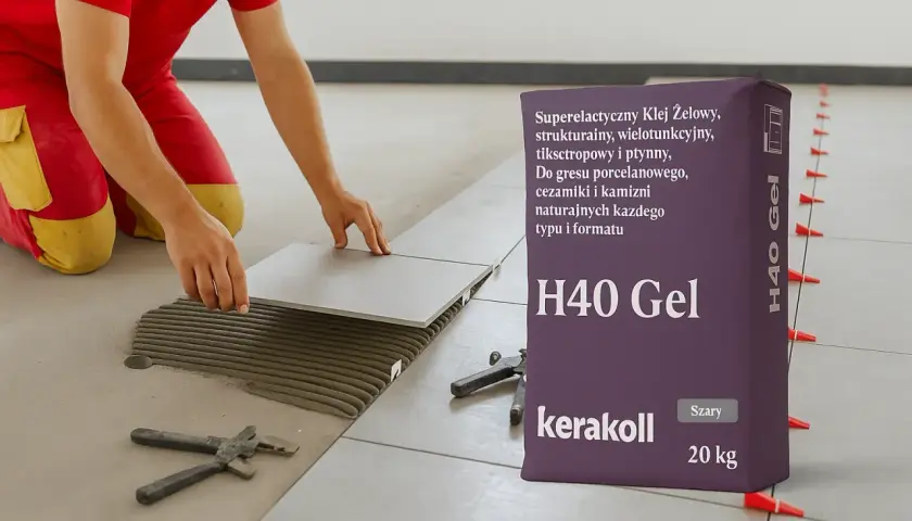 Układanie płytek 60x60 z klejem H40 Gel Kerakoll. Fachowiec precyzyjnie kładzie płytkę na zaprawie.