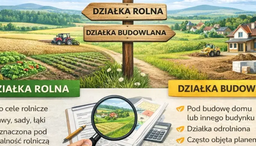 Rozróżnienie: czy działka rolna z warunkami zabudowy jest działka budowlana? Ilustracja pokazuje krajobraz z podziałem na działkę rolną (uprawy, traktor) i budowlaną (dom w budowie, koparka).