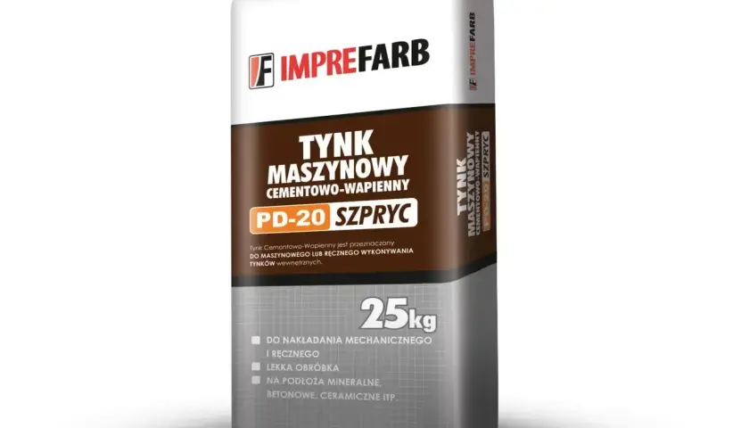 Worek tynku maszynowego cementowo-wapiennego PD-20 SZPRYC 25kg. Idealny do nakładania mechanicznego i ręcznego, z lekką obróbką.