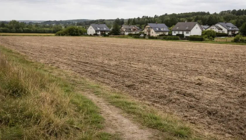 Przekształcenie działki rolnej na budowlaną widać na tle domów. Pole przygotowane pod budowę.