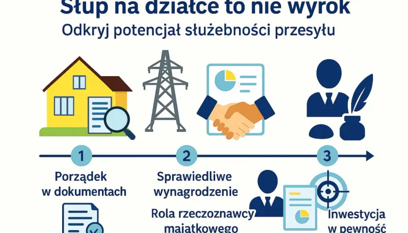 Jakie **ile żądać za służebność przesyłu**? Ilustracja pokazuje kroki: porządek w dokumentach, sprawiedliwe wynagrodzenie z rzeczoznawcą i inwestycję w pewność prawną.