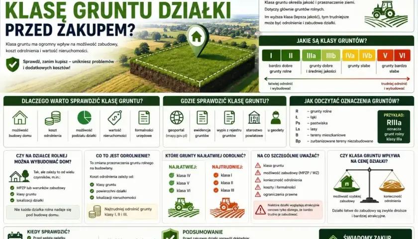 Klasa gruntu wpływa na możliwość zabudowy i koszty odrolnienia. Sprawdź klasę gruntu przed zakupem, by uniknąć problemów.
