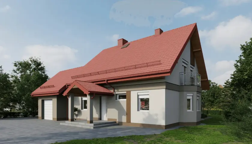 Nowy dom z ceglastym dachem i jasnoszarą elewacją, otoczony zielenią.