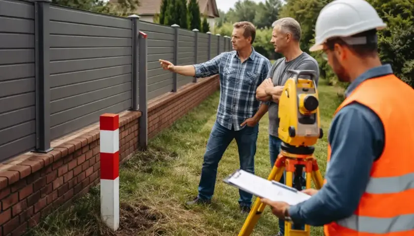 Geodeci ustalają, ile od granicy można postawić ogrodzenie, mierząc teren przy nowoczesnym płocie.