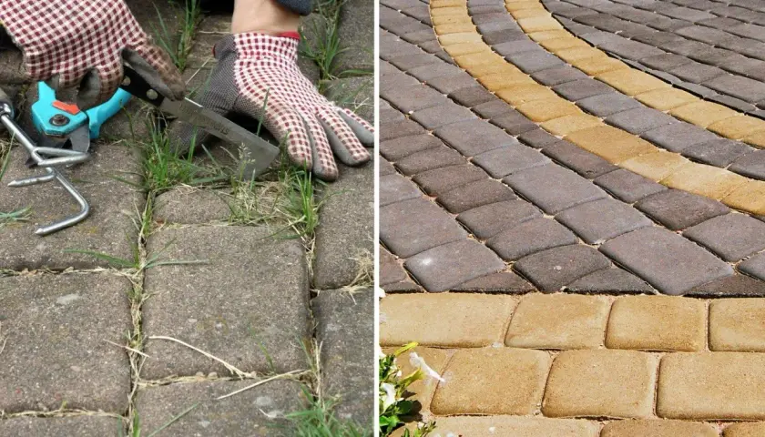Przed: ręczne czyszczenie kostki brukowej z chwastów. Po: czysta, zadbana nawierzchnia z kostki brukowej.