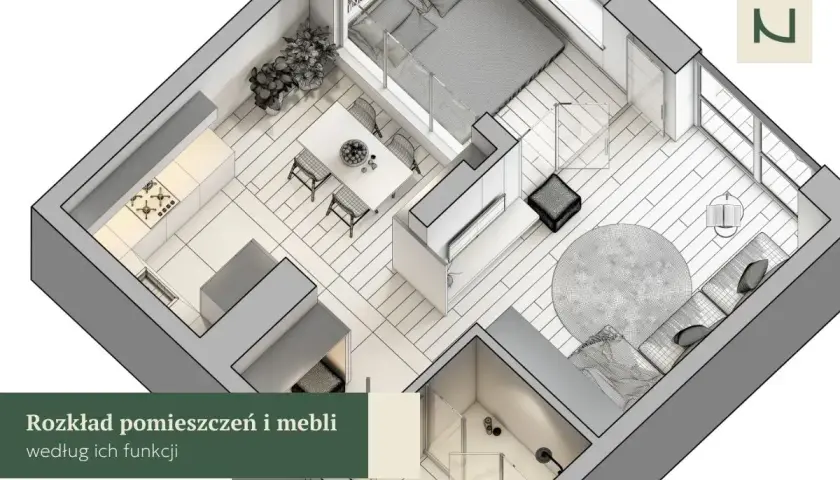 Rozkład pomieszczeń i mebli według ich funkcji, inspirowany 55 zasadami feng shui. Widok z góry na mieszkanie z kuchnią, jadalnią, salonem i sypialnią.