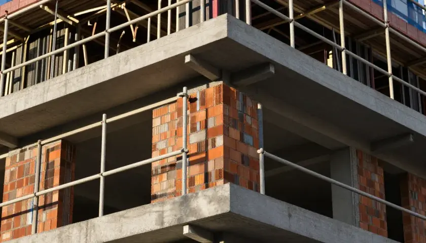 Budowa domu w toku, zbliża się zakończenie budowy domu i wpis do księgi wieczystej. Betonowe stropy i ceglane słupy.