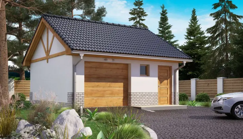 Nowoczesny budynek gospodarczy projekt z drewnianą bramą garażową i drzwiami, otoczony zielenią i drzewami.