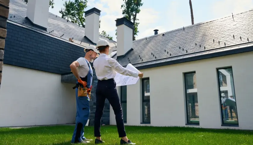 Architekt i budowlaniec omawiają plany domu. Czy można mieszkać w domu bez odbioru? To pytanie, na które odpowiedź znajdą na tym etapie budowy.