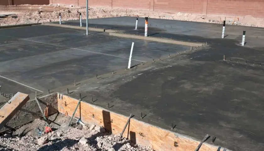 Fundamenty domu w trakcie budowy. Widać świeży beton, zbrojenie i rury. To etap izolacja fundamentów krok po kroku.