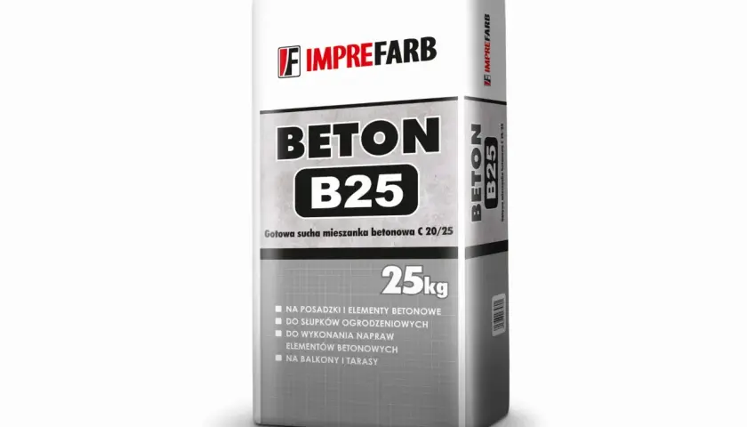 Worek suchej mieszanki betonowej B25 Imprefarb 25kg. Informacje o tym, ile cementu na m3 betonu B25, znajdziesz na opakowaniu.