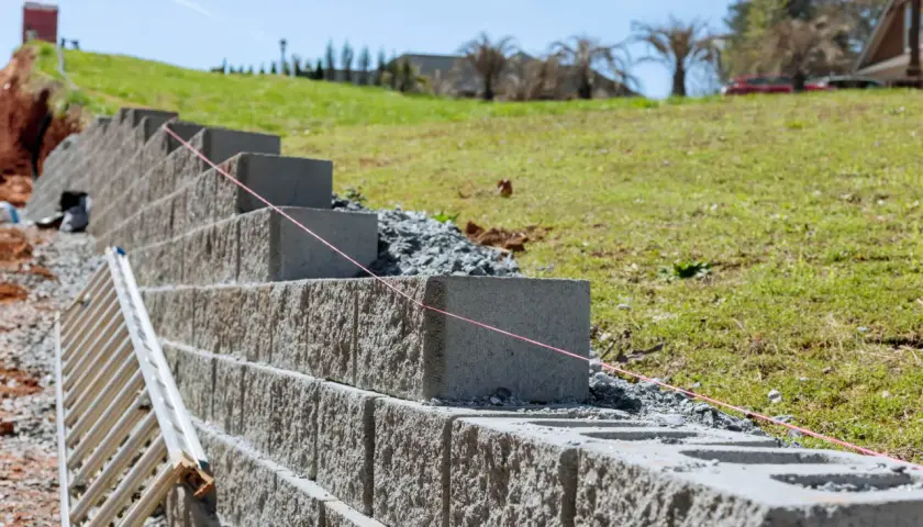 Budowa murek oporowy z bloczków betonowych, najtaniej i solidnie. Widać drabinę i sznur geodezyjny.