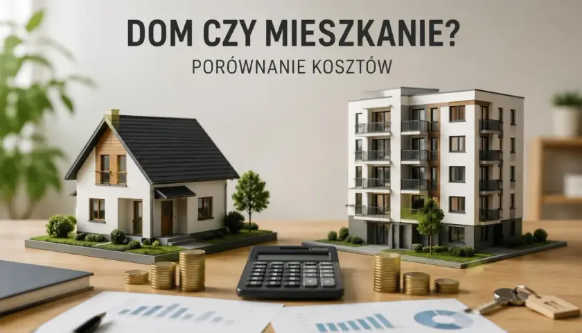 Porównanie kosztów: model domu i bloku mieszkalnego, kalkulator, monety i klucze. Dom czy mieszkanie?