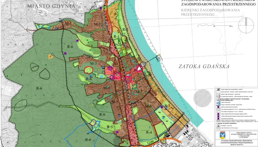 Plan zagospodarowania terenu dla Sopotu i okolic, uwzględniający kierunki rozwoju przestrzennego, z zaznaczonymi terenami zielonymi, zabudową i infrastrukturą.