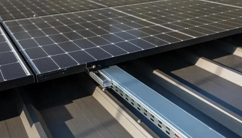 Solidne mocowanie paneli fotowoltaicznych do blachy trapezowej. System montażowy zapewnia stabilność i bezpieczeństwo instalacji.