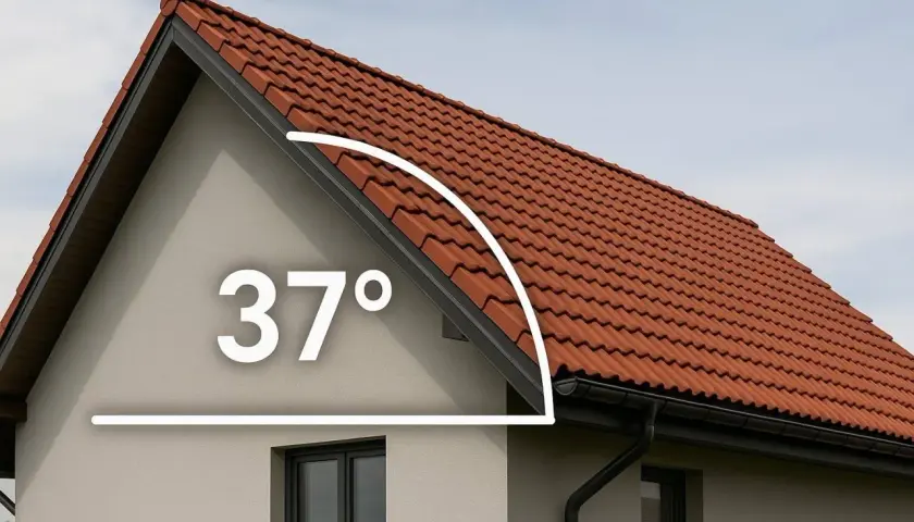 Jak obliczyć kąt nachylenia dachu? Na elewacji domu widoczny jest kąt 37 stopni, wskazujący na nachylenie czerwonego dachu.
