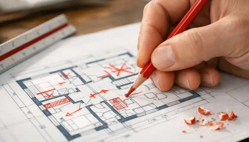 Rysunek planu domu z czerwonymi zaznaczeniami. Dłoń trzymająca ołówek, obok linijka i okruchy grafitu. To przykład, co to adaptacja projektu.