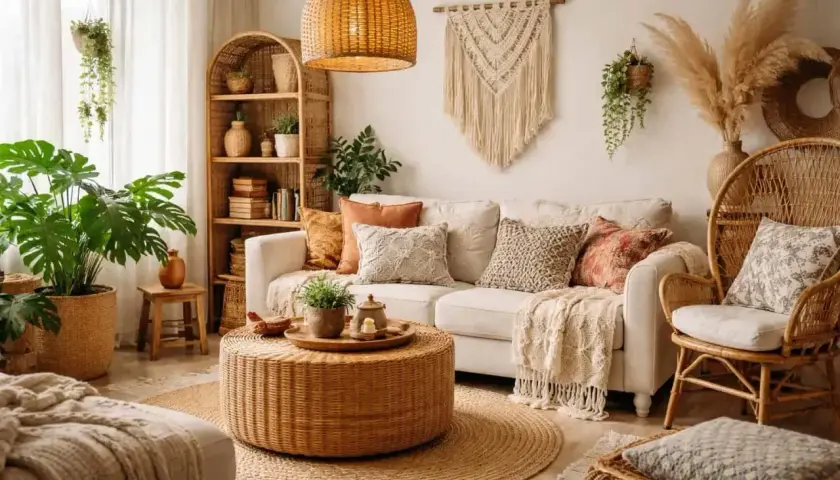 Styl boho co to znaczy? Przytulny salon z wiklinowymi meblami, mnóstwem roślin i makramą na ścianie.