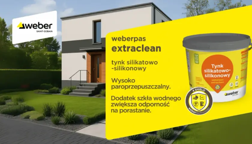 Szukasz idealnych tynków do domu? Weberpas extraclean to tynk silikatowo-silikonowy, który chroni elewację przed porastaniem.