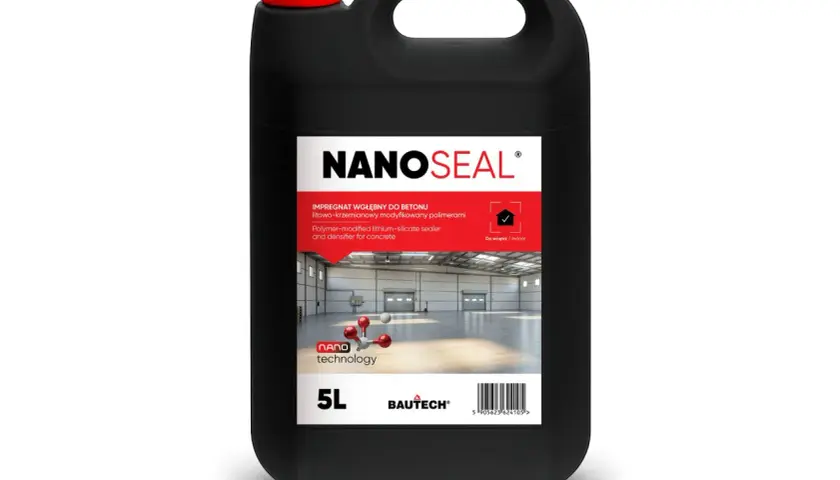 Czarny kanister z preparatem NANOSEAL, impregnatem wgłębnym do betonu. To szkło w płynie do betonu, które chroni powierzchnie.