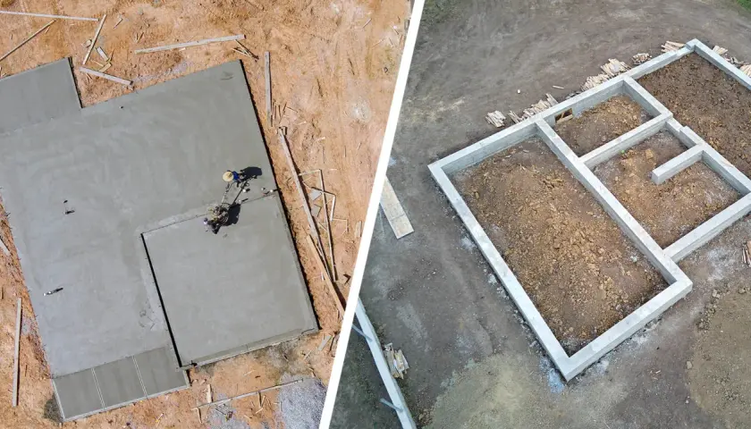 Porównanie: wylewana płyta fundamentowa z pracownikiem i gotowe ławy fundamentowe.