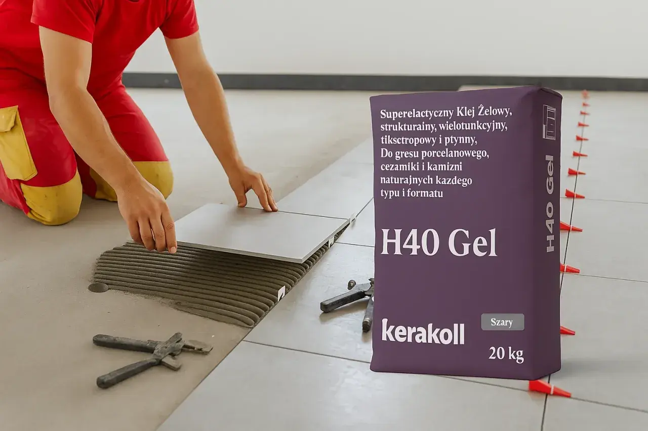 Układanie płytek 60x60 z klejem H40 Gel Kerakoll. Fachowiec precyzyjnie kładzie płytkę na zaprawie.