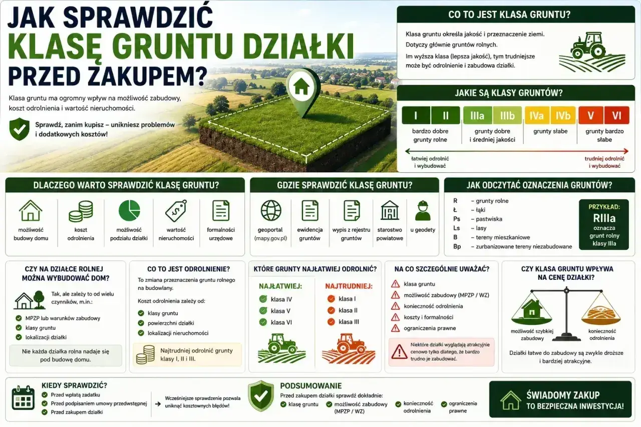 Klasa gruntu wpływa na możliwość zabudowy i koszty odrolnienia. Sprawdź klasę gruntu przed zakupem, by uniknąć problemów.