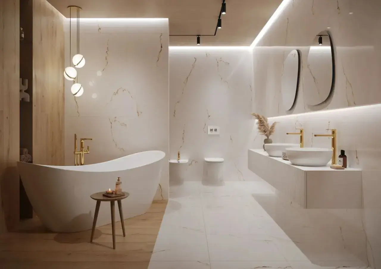 Elegancka łazienka z wanną wolnostojącą i podwójną umywalką. Ściany i podłoga wykończone płytkami gresowymi imitującymi marmur. Złote baterie i oświetlenie dodają luksusu.