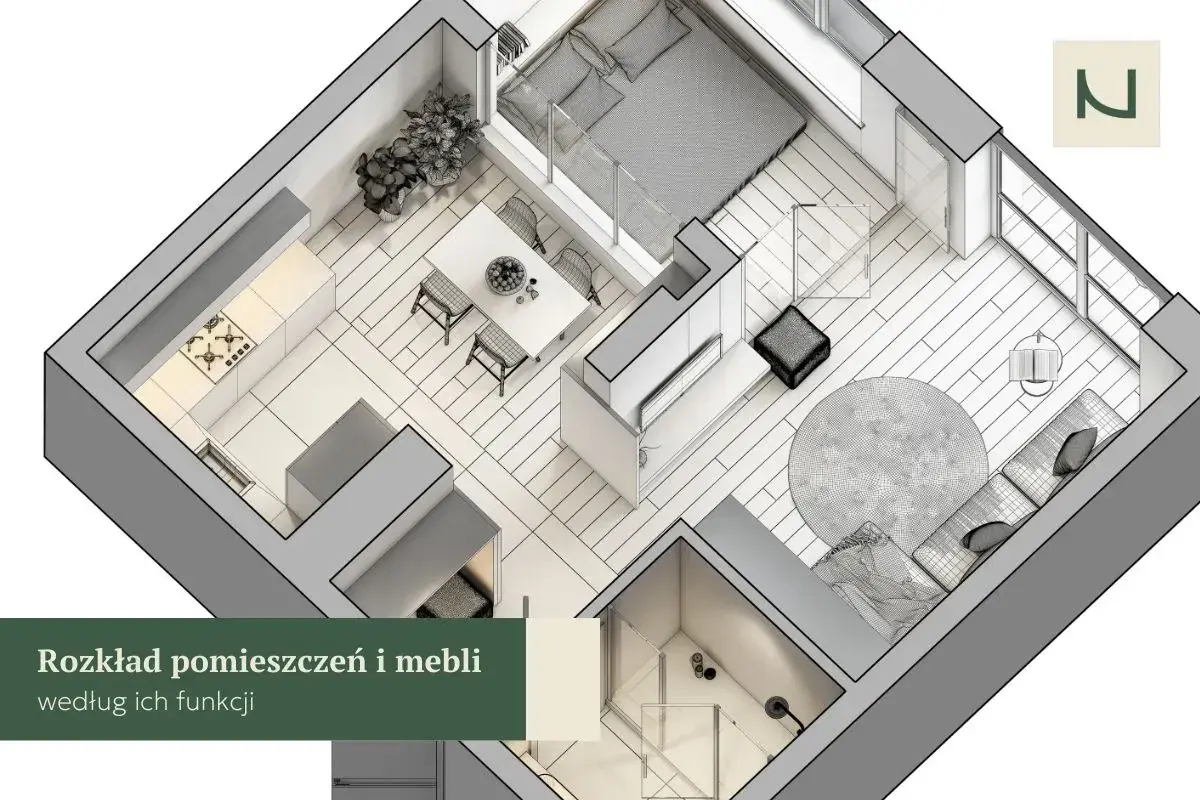 Rozkład pomieszczeń i mebli według ich funkcji, inspirowany 55 zasadami feng shui. Widok z góry na mieszkanie z kuchnią, jadalnią, salonem i sypialnią.