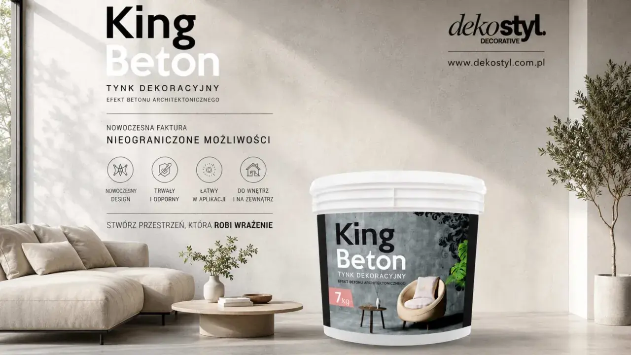 Nowoczesny tynk dekoracyjny King Beton tworzy ciekawe efekty na ścianie, nadając wnętrzu industrialny charakter.