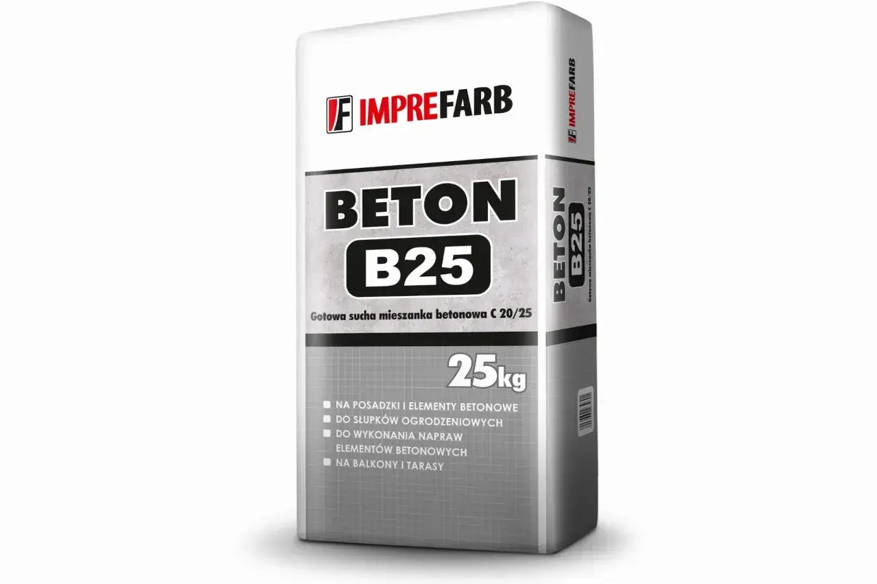 Worek suchej mieszanki betonowej B25 Imprefarb 25kg. Informacje o tym, ile cementu na m3 betonu B25, znajdziesz na opakowaniu.